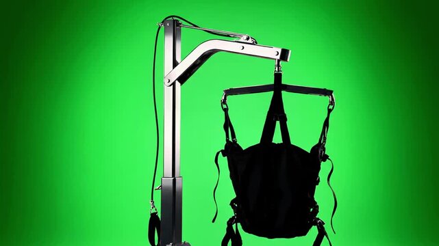 A medical hoist with a suspended sling against a vibrant green backdrop