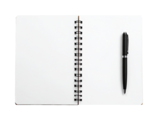 Open spiral notebook with blank pages and a black pen on the right page.