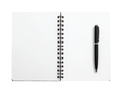Open spiral notebook with blank pages and a black pen on the right page.