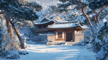 traditional korean hanok house with snowcovered roof and walls in a serene village setting surrounded by evergreen trees  hanok winter wonderland