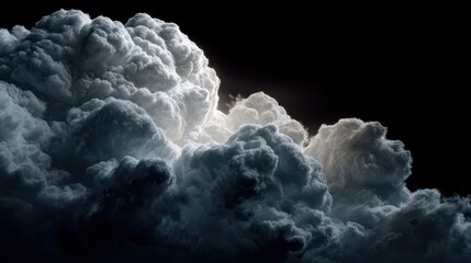 dramatic closeup of a large billowing cloud against a stark black background the clouds texture is highly detailed creating a powerful and atmospheric visual