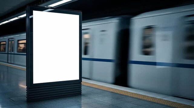 Vertical Blank White Screen Digital Billboard Mockup Ad Kiosk on Subway Metro Station Platform with Blurry Moving Train Background