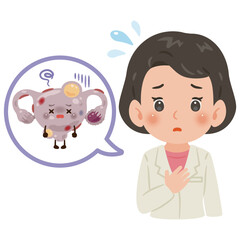 不健康な子宮のキャラクターと白衣を着た女性医師　上半身イラスト／Unhealthy Uterus Character with Male Doctor in White Coat　upper body illustration