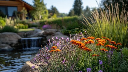 Lush garden landscape with waterfall and colorful flowers near a cabin