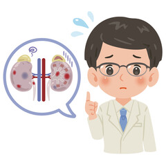 不健康な腎臓と白衣を着た男性医師　上半身イラスト／Unhealthy Kidney with Male Doctor in White Coat　upper body illustration
