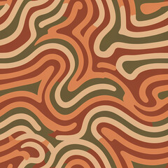 Fototapeta premium An abstract seamless pattern of flowing, wavy lines in a retro, earthy color palette of brown, orange, and green.