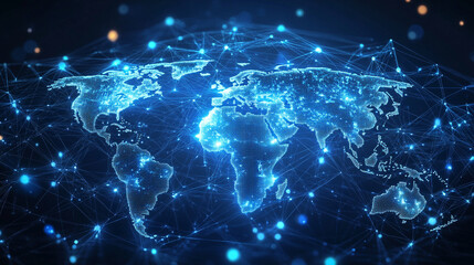Global network protection concept, showing secure digital connections, firewalls, and shields protecting data across continents in hyperrealistic visualization.
