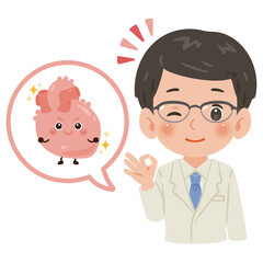 健康な心臓のキャラクターと白衣を着た男性医師　上半身イラスト／Healthy Heart Character with Male Doctor in White Coat　upper body illustration