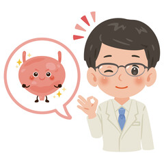 健康な膀胱のキャラクターと白衣を着た男性医師　上半身イラスト／Healthy Bladder Character with Male Doctor in White Coat　upper body illustration