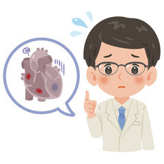 不健康な心臓と白衣を着た男性医師　上半身イラスト／Unhealthy Heart with Male Doctor in White Coat　upper body illustration