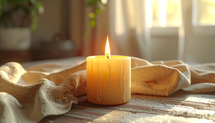 Lit candle with warm glow on transparent background for tranquil home ambiance