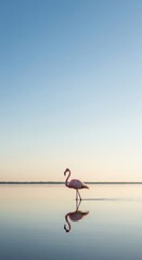 Flamingo Standing in Calm Lake with Reflection, Soft Morning Light