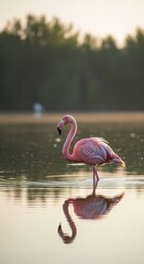 Flamingo Standing in Calm Lake with Reflection, Soft Morning Light