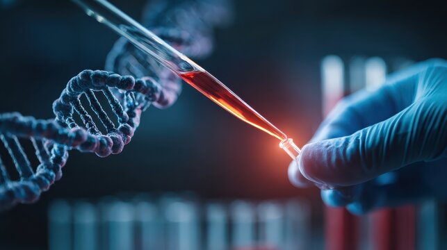 science chemistry biology medicine and people concept close up of scientist hand with test sample making research in clinical laboratory with dna molecule structure no logos no brands ar 169 - Powered by Adobe