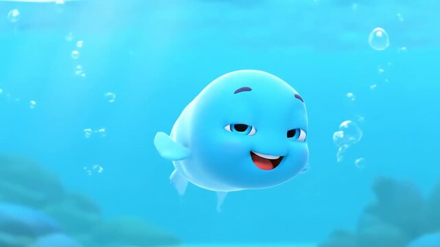 Animated blue narwhal swimming underwater with bubbles