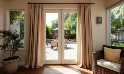 a french door with long, light brown curtains on each side, through the closed door you can see the outdoor patio area.