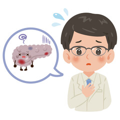 不健康な膵臓のキャラクターと白衣を着た男性医師　上半身イラスト／Unhealthy Pancreas Character with Male Doctor in White Coat　upper body illustration