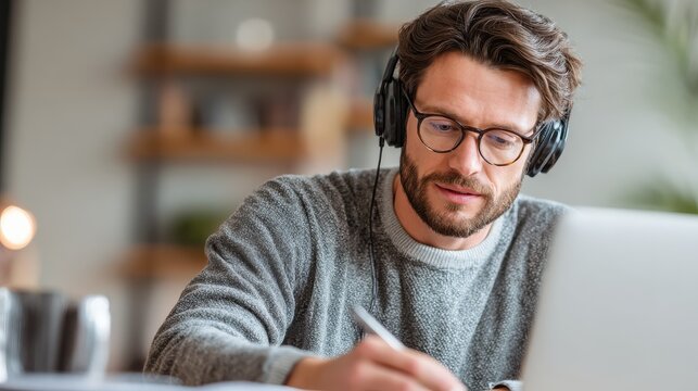 over shoulder close up man student wear headphones use laptop computer study online listen watch training course make notes e learning teacher call mock up screen distance education concept no logos 