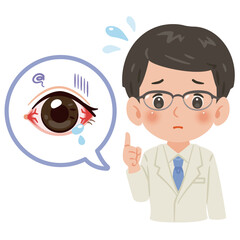 不健康な目と白衣を着た男性医師　上半身イラスト／Unhealthy Eye with Male Doctor in White Coat　upper body illustration