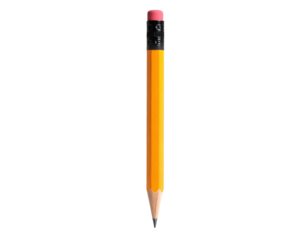 A yellow pencil with a pink eraser on a white background.