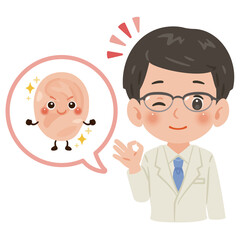 健康な耳のキャラクターと白衣を着た男性医師　上半身イラスト／Healthy Ear Character with Male Doctor in White Coat　upper body illustration