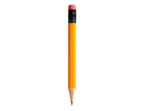 A yellow pencil with a pink eraser on a white background.