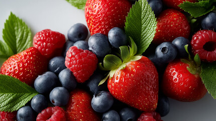 Obraz premium Burst of Summer Fruits: A vibrant display of nature's candy, this photo features fresh strawberries, plump blueberries, and delicate raspberries, adorned with fresh mint leaves.