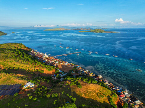 Aerial view of Labuan Bajo, Flores, Indonesia with islands and ocean.