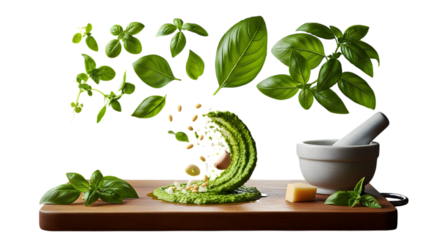 Pesto ingredients isolated on transparent background basil, pine nuts, and cheese