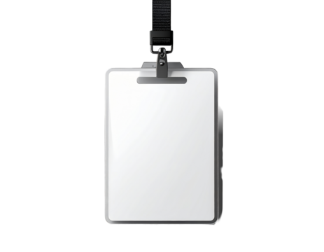 Blank ID badge with lanyard on white background.