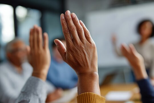 Attentive diverse audience members raising hands, participating in a seminar, asking questions, or voting in a corporate meeting