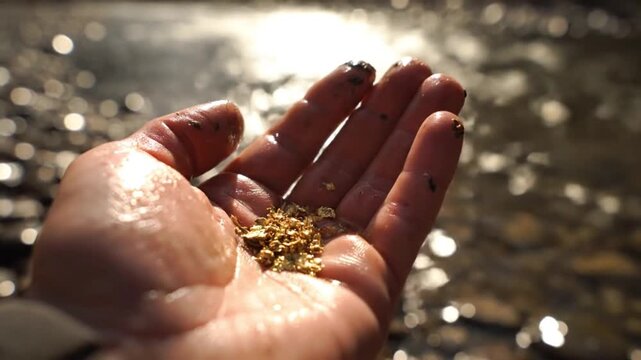 Gold nuggets in miner&rsquo;s hand reflecting sunlight, representing manual mining, raw material discovery, and the tangible connection between human effort and natural fortune