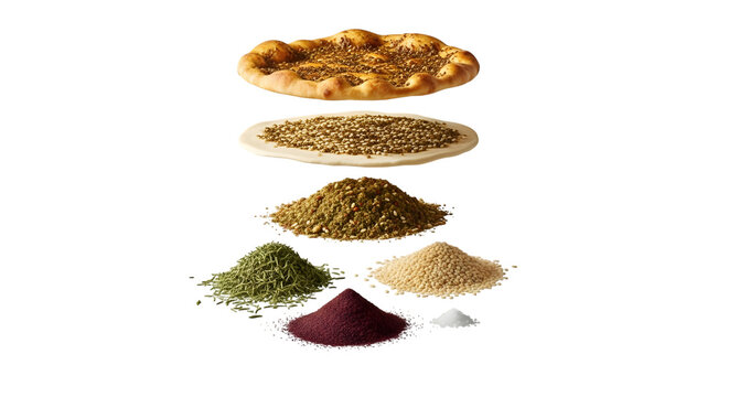 Zaatar manouche ingredients composition isolated on transparent background showing layers