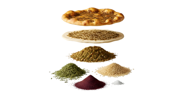 Zaatar manouche ingredients composition isolated on transparent background showing layers