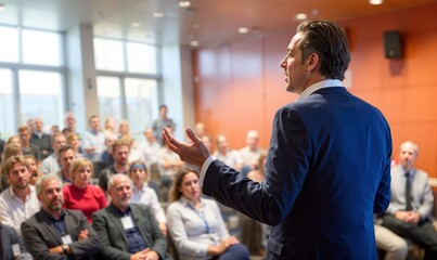 Professional speaker engaging diverse audience during corporate presentation, sharing ideas and knowledge at a industry seminar