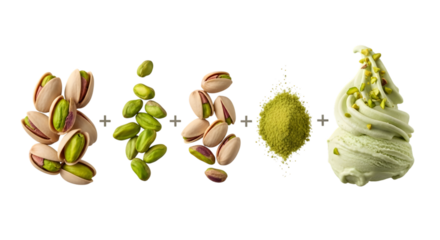 Pistachio ice cream ingredients isolated on transparent background, a tasty dessert