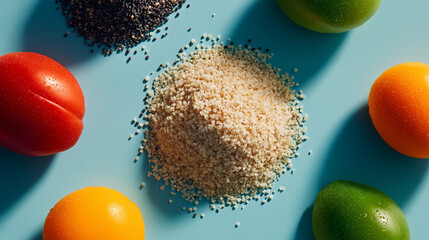 Fresh Ingredients: A vibrant assortment of ripe produce and seeds, meticulously arranged, representing the building blocks of wholesome and delicious cuisine.