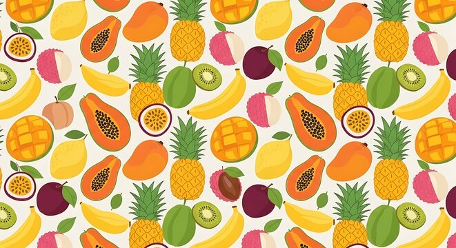 Vibrant Tropical Fruit Pattern Seamless Background with Pineapple Mango Papaya Banana Kiwi Passion Fruit.