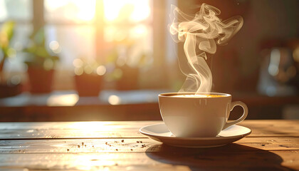 Steaming coffee cup on wooden table with transparent background and blurred background