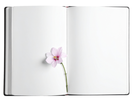 Open book with blank pages and a delicate pink flower on the left page.