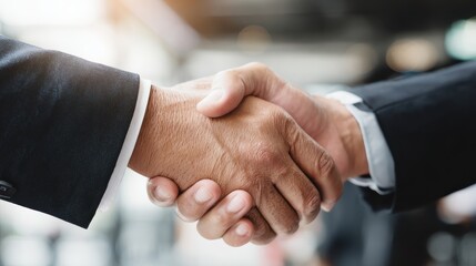 two happy diverse professional business men executive leaders shaking hands after successful financial deal at group board office meeting trust agreement company trade partnership handshake concept n