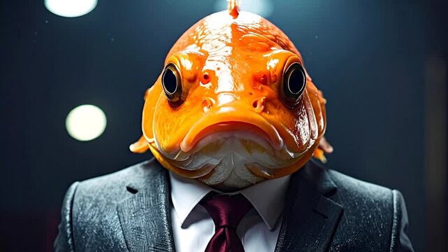 A surreal depiction of a goldfish wearing a suit and tie, a quirky business concept