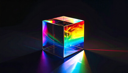 Transparent cube with rainbow spectrum light effects and reflections