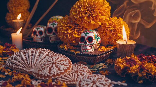 Day of the Dead ofrenda stretching across a dark room, blanketed with glowing candles and marigolds, overflowing with colorful food offerings, sugar skulls and framed portraits