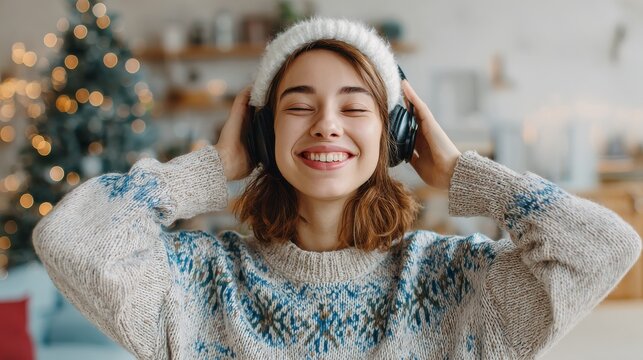 music christmas and people concept  happy young woman or teenage girl with headphones at home over decorated living room background no logos no brands ar 169