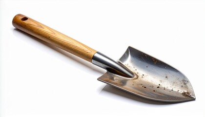 A single shiny metal shovel with a wooden handle, isolated on a white background.