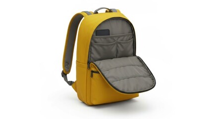 Fototapeta premium Bright yellow backpack, partially open, against a clean white background