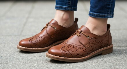 Close-up of brown leather shoes with intricate cutouts on a pavement