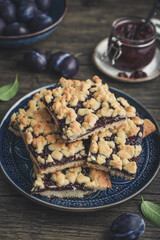 Traditional German Zwetschgenkuchen on blue plate
