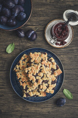 Traditional German Zwetschgenkuchen on blue plate